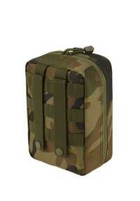 Puzdro s kamuflážovým vzorom vyrobené z odolnej tkaniny. Obsahuje zips, popruhy na prednej strane a obdĺžnikový tvar.