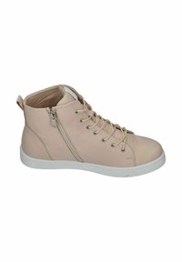 Beige high-top sneakers with a smooth leather exterior, lace-up front, side zipper, and a white rubber sole. Textured detailing on the upper.