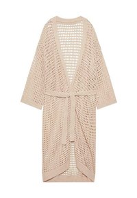 Cardigan abierto de punto en beige claro, con un patrón de tejido suelto, mangas anchas y un lazo en la cintura para el cierre.