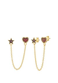 Boucles d'oreilles dorées avec un design étoile et cœur, ornées de pierres roses et violettes, reliées par de délicates chaînes.