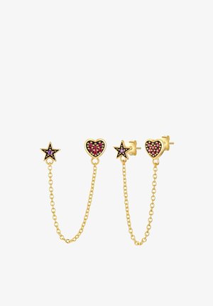 Pendientes dorados con un diseño de estrella y corazón, adornados con piedras rosas y moradas, conectados por delicadas cadenas.
