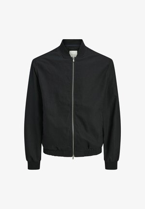 Fekete bomber dzseki cipzáros elülső résszel, rugalmas mandzsettákkal és aljjal. Könnyű anyagból készült, egyszerű, minta nélküli dizájnnal.