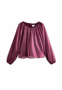 Bordeauxfarbige Bluse aus leichtem Stoff, mit einem gerafften Ausschnitt, langen Puffärmeln und einem lässigen Saum. Glatte Textur.