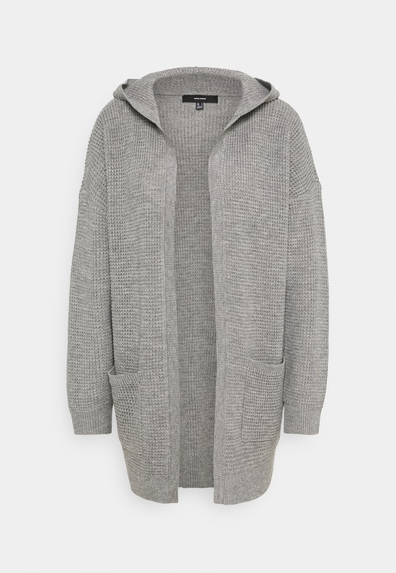 Cardigan gris clair en maille, ouvert sur le devant, avec capuche, manches longues, deux poches avant et motif texturé.