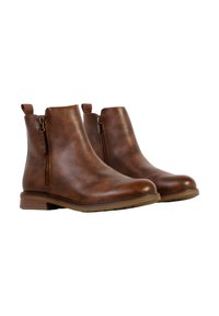 Bottes chevilles en cuir marron avec fermetures éclair latérales et languettes, dotées de talons bas empilés et d'orteils arrondis.