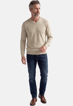 Middle-aged man with gray hair and beard wearing beige V-neck sweater, dark blue jeans, and brown leather shoes, standing and looking to side.