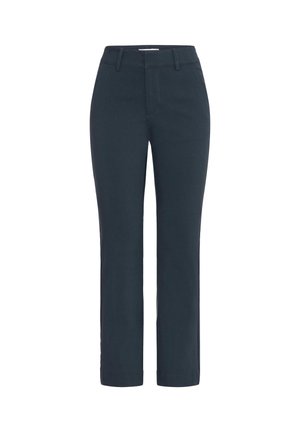 Marineblaue Hose mit geradem Schnitt, aus einem glatten Stoff gefertigt, mit flacher Vorderseite und standardmäßiger Taille mit Gürtelschlaufen.