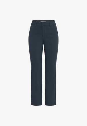 Sotilaansiniset housut suoranlahkeisella designilla, valmistettu sileästä kankaasta, jossa on litteä etuosa ja normaali vyötärö, joka sisältää vyölenkit.