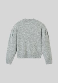 Pull en tricot gris avec un col rond, des manches longues, un ourlet côtelé et un tissu texturé. Présente des détails d'épaules bouffantes. Vue de dos affichée.