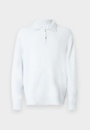 Light blue, long-sleeve sweater with a textured finish, collared neckline, and half-button placket. Features ribbed cuffs and hem.