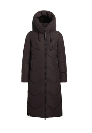 Lungo giubbotto di piumino nero con motivo a rombi, chiusura con zip e cappuccio oversized. Presenta cordini e tasche laterali.