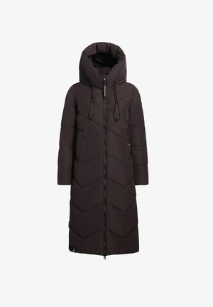 Lang sort pufferjakke med et chevron-quiltet mønster, lynlåslukning og oversize hætte. Har snore og sidelommer.