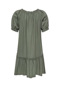 Robe verte longueur genou avec manches courtes bouffantes, encolure élastique et poignets de manches, et un volant froncé près de l’ourlet.