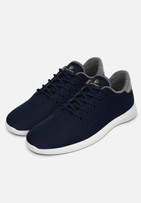 Chaussures de sport bleu marine avec une tige en mesh respirant, un col textile gris, des lacets plats et une semelle en caoutchouc blanche. Logo de la marque sur la languette.