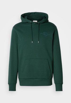 Donkergroene hoodie van zacht katoen, met een voorzak, verstelbare koordjes en een getextureerd logo op de borst.