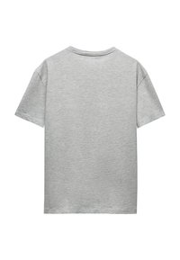 Gray cotton t-shirt with short sleeves, crew neckline, and a smooth texture. No visible graphics or designs on the back.
