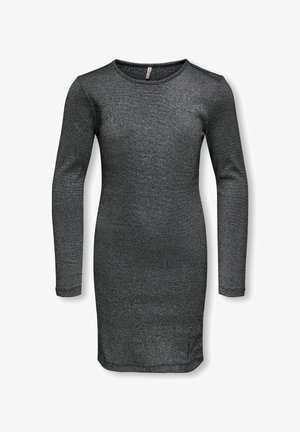 Vestito a maglia aderente grigio scuro a maniche lunghe con scollo rotondo e orlo semplice, mostrato su sfondo bianco.