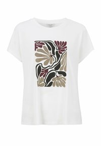 Vit bomull t-shirt med en djärv abstrakt blommönster i mörkröd, svart och beige. Korta ärmar och avslappnad passform.