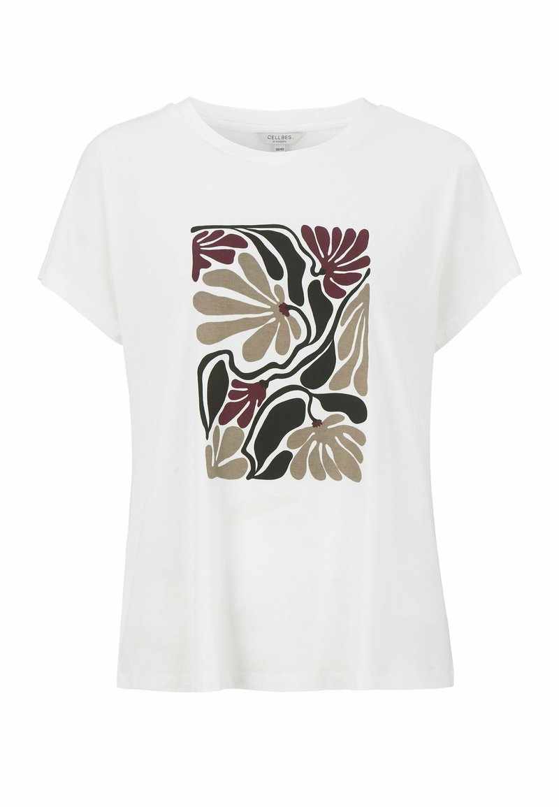 Vit bomull t-shirt med en djärv abstrakt blommönster i mörkröd, svart och beige. Korta ärmar och avslappnad passform.