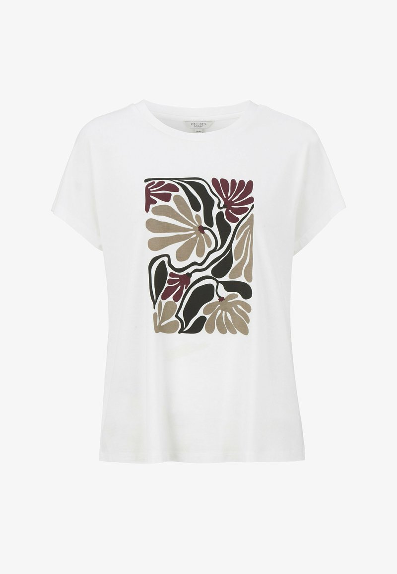T-shirt en coton blanc avec un design floral abstrait audacieux en bordeaux, noir et beige. Manches courtes et coupe décontractée.