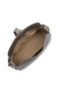 Borsa in pelle grigia con accessori dorati, caratterizzata da un ampio interno e una tasca con zip. Texture liscia con fodera morbida.