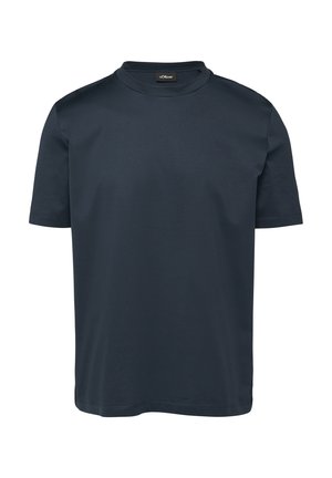 Camiseta de manga corta azul marino hecha de algodón suave. Cuello redondo, corte relajado y detalles de costura mínimos. Sin patrones ni gráficos visibles.