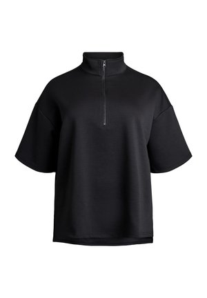 Mustan lyhytdihainen villapaita, jossa on korkea kaulus ja etupuolen puoliväli vetoketju, löysä istuvuus ja roikkuvat hartiasaumat.