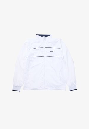 Biała sportowa kurtka na zamek marki FILA z granatowym wykończeniem przy mankietach, kołnierzu oraz dwoma poziomymi paskami na piersi, z elastycznymi mankietami.