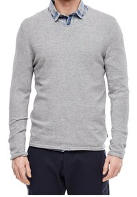 Homme portant un pull à col en V gris clair par-dessus une chemise à carreaux bleus et un pantalon foncé, debout les bras détendus le long du corps.