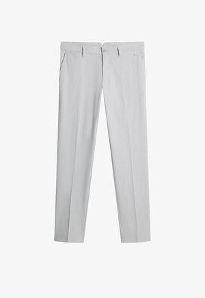 Jasnoszare spodnie w prostej linii, wykonane z gładkiego materiału, z bocznymi kieszeniami i zapięciem na guzik z przodu. Brak wzorów lub akcentów.
