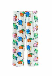 Elephant-printed pajama pants in white cotton, featuring colorful cartoon elephants in blue, green, orange, and pink with "Stomp Stomp" text.