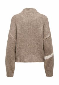 Pull marron en maille avec un ourlet côtelé et des manches larges, présentant une finition texturée et une bande d'accent blanche sur le côté.