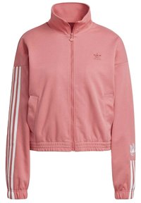 Giacca rosa con zip e colletto alto, caratterizzata da strisce bianche sulle maniche e un piccolo logo sul petto. Tessuto morbido.