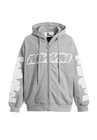 Sudadera con cremallera gris hecha de tejido suave; presenta una gran impresión de "MIAMI" en blanco en la parte delantera y en las mangas, con capucha ajustable.