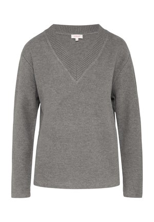 Pilkos spalvos ilgo rankovės megztinis su gurgždančiu V formos iškirpimu. Minkšta medžiaga su lygiu paviršiumi. Tiesus apatinis kraštas ir laisva forma.