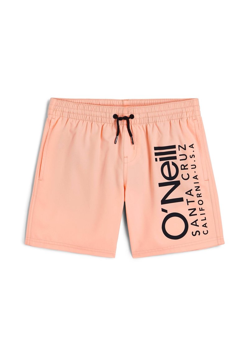 Pantaloni da bagno color pesco con vita elastica e cordino, caratterizzati da un grande logo nero e testo sul lato per il branding.