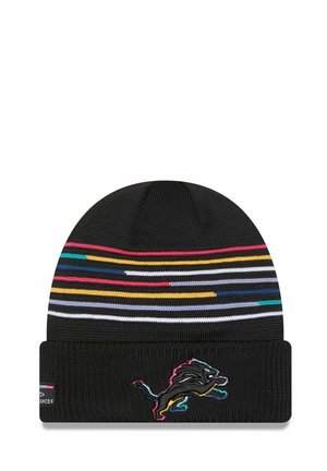 Cappello di lana nera con un bordo striato multicolore in cima e un logo leone ricamato colorato sulla parte anteriore.