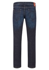 Donkerblauwe denim jeans met een rechte snit, vijf zakken, zichtbare oranje stiksels en een contrasterend bruine leren label op de tailleband.