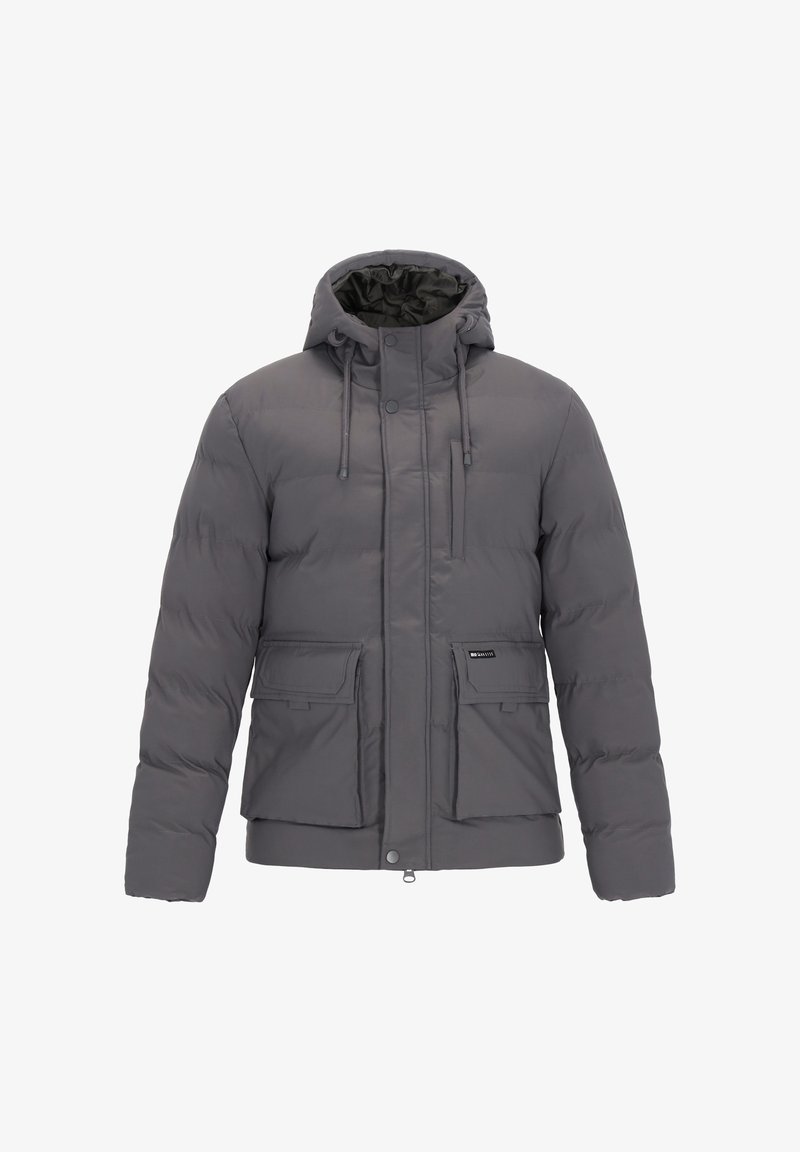 Szara pikowana kurtka z kapturem, zapinana na zamek błyskawiczny z przodu, z zatrzaskami i dwoma kieszeniami na piersi. Gładka faktura, praktyczny design na zimne dni.