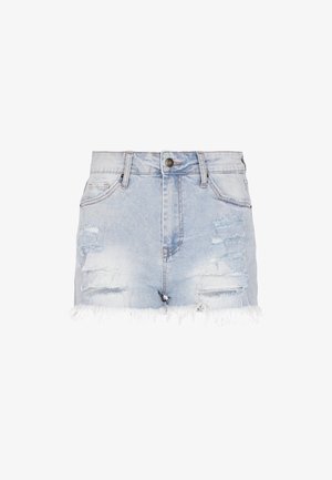 Lichtblauwe spijkerbroekshorts met verwoeste details, uitgerafelde zoom en een vijf-pocket ontwerp. Voorzien van een knoopsluiting en riemlussen.