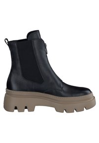 Botine negre din piele cu o finisare texturată, panouri laterale elastice și o talpă chunky bej cu un design rugged al benzii de rulare.