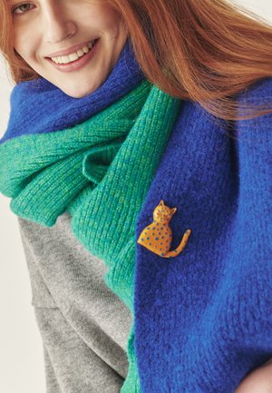 Sinine ja roheline tekstuuriga sall, millel on oranž kassikujuline rinnamärk, millel on täpid, kantakse halli sviitri peal.