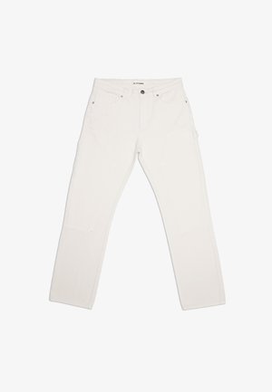 White cotton pants with a straight fit, two front pockets, and additional utility pockets. Features classic five-pocket design and minimal hardware.