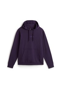 Felpa con cappuccio viola in morbido tessuto, dotata di tasca frontale e coulisse. Il testo ricamato è visibile sul petto.