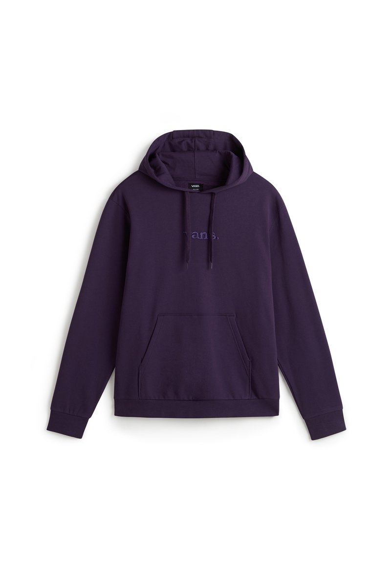 Felpa con cappuccio viola in morbido tessuto, dotata di tasca frontale e coulisse. Il testo ricamato è visibile sul petto.