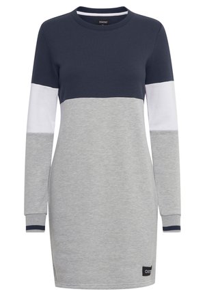 Long-sleeve dress in navy, gray, and white. Crew neckline with color-blocked design. Soft fabric, featuring a logo patch at the hem.