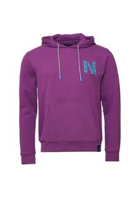 Violet huppari, jossa on kengurupocketti, nauhat ja sininen kuvioitu logo rinnassa. Pehmeä rakenne ja ribbireunat.