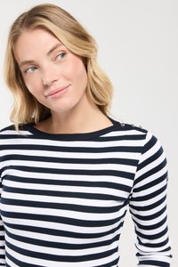 Marinblå och vit randig långärmad topp med rund halsringning och axelknappar. Mjuk tygkvalitet med en figursydd silhuett.