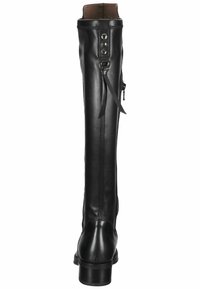 Botte noire en cuir jusqu'au genou avec une texture lisse, fermeture éclair à l'arrière et accents de boutons décoratifs le long de la couture arrière. Talon robuste.