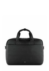 Schwarze Leder-Laptoptasche mit glatter Textur, zwei oberen Griffen und einem Reißverschluss. Verfügt über dezentes Branding und eine rechteckige Form.